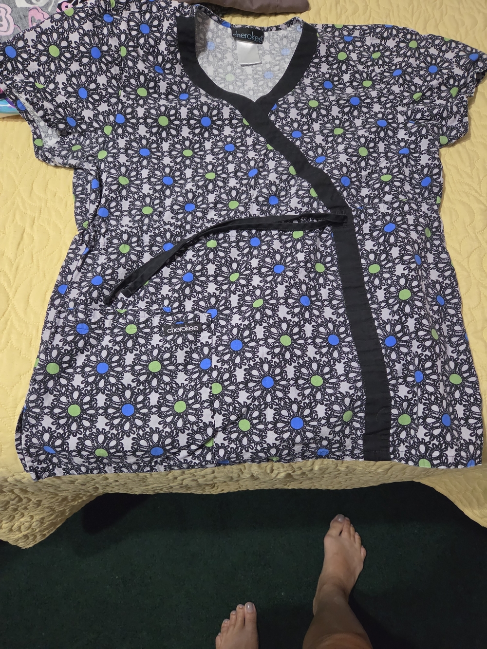 Cherokee Black Floral-Print Wrap Nursing Top with Blue & Green Accents